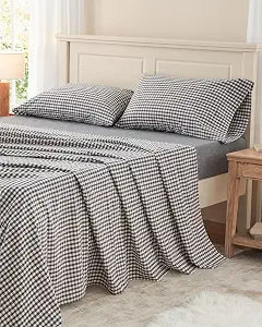 PURE ERA Full Sheet Set 100% Washed Cotton Gingham Bed Sheets
