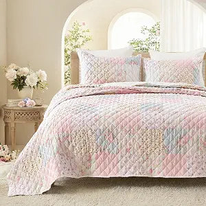 Wonderful Pink Quilt Set Queen Handcraft Patchwork, 3 Piece Soft & Breathable Cotton Floral Face, Farmhouse Cottagecore Hand-Stitched Coverlet Blanket Bedspread All-Season Bedding Set, 90"x90"