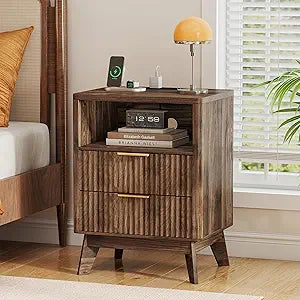 Baoz Fluted Nightstand with Charger Station, 19 inch Wide Night Stand with 2 Large Storage Drawers, Mid Century Modern Wooden Beside Table, Walnut Night Stand for Bedroom, Closet