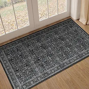 Dark 2x4 Entryway Rug, Vintage Door Mat Indoor Entrance Entry Way, Washable Non Slip Low Pile Thin Small Runner Rug for Kitchen Floor Sink Area Bathroom Bedside, Earth Tone Muted Midnight