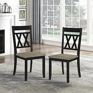 Lexicon Farmhouse Wood Dining Chair, Set of 2, Double Cross Back, Rustic Armless Chairs, Kitchen and Dining Room Furniture, Two-Tone Finish (Greywash and Antique Black)