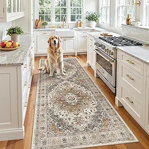 Madane Hallway Runner 3x8, Kitchen Rugs Washable Entryway Rug Vintage Kitchen Runners Non Slip Indoor Area Rug Farmhouse Carpet Runner for Bathroom Living Room Bedroom (3 X 8, Turmeric/Grey)