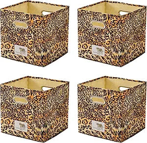 Foldable Animal Leopard [Set of 4] Cube Storage Bins, Collapsible Fabric Organizer Container Boxes w/ Handles  11 x 11 x 11 Inches