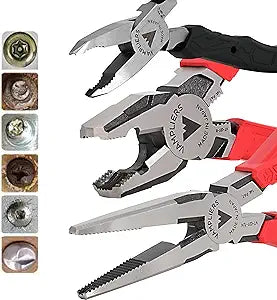 VAMPLIERS 3-PC Screw Extractor Pliers Set Made in Japan: 8" Linesman, 7.5" Long Nose, and 5" Mini Screw Remover Plier. High Carbon Steel Stripped Screw Removal Tools