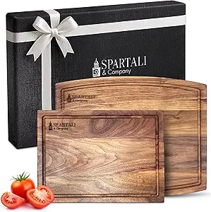 Spartali & Company Black Walnut Cutting Board Set for Kitchen, Reversible Wooden Chopping Board With Juice Grooves, Made from American Black Walnut, set of 2 sizes 12x9 & 15x12. Gift Box included!