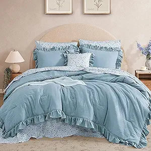 BLOOMHAVEN Twin XL Comforter Set - 5 Pieces Ruffle Blue Bedding Sets, Shabby Chic Farmhouse Bed in a Bag Twin XL with Ruffle Comforter, Floral Sheets, Pillowcases & Shams