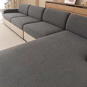 Stretch Sectional Couch Covers, Wear Resistant Sofa Slipcovers Washable Soft Furniture Protector Anti Slip Lounge Couch Cushion Covers for Dogs Kids (1 Piece Chaise Cover, Grid Grey)