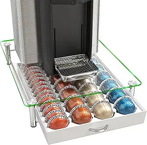 DecoBrothers Crystal Tempered Glass Vertuo Pod Holder Drawer, 28 Large or 56 Small Nespresso Capsule Organizer, White