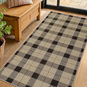Easy Jute 3x6 Entryway Rug - Washable Large Kitchen Rug, Stain Resistent Low Pile Mat for Bedside, Non Slip Neutral Farmhouse Black and Tan Front Door Dcor