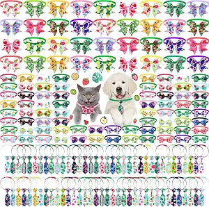 Sadnyy 180 Pack Summer Spring Dog Bow Tie Collars Bulk for Dogs Adjustable Hawaii Dog Bowties Cats Neck Ties Pet Tie Includes 72 Neckties 72 Bow 36 Bowknot for Pet Grooming Accessories