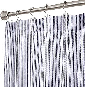 Navy Blue and White Ticking Stripe Woven Cotton Shower Curtain Extra Long 72 Inches W x 84 Inches L