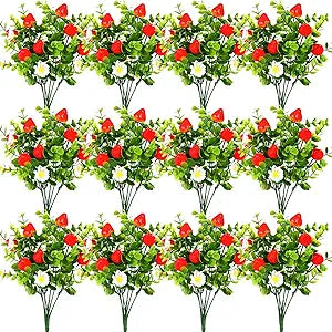 Tigeen 12 Pack Strawberry for Decoration Fake Strawberry Branches Artificial Vivid Red Faux Tables Centerpiece for Kitchen Stem Fruits for Home Spring Summer Decor