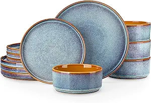vancasso ONION Ceramic Dinnerware Sets, 12 Pieces Stoneware Plates and Bowls Sets for 4, Reactive Glaze Dishes Set for Kitchen, Dishwasher and Microwave Safe, Blue