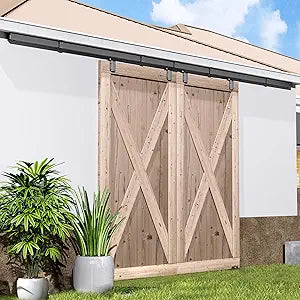 DIYHD 8FT Ceiling Mount Outdoor Double Sliding Barn Door Hardware,Heavy Duty Box Track Kit for Exterior Use,Max Load 300lbs,Fit 2 X 24in Doors (Hardware Only,No Door)