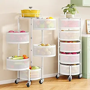 SNTD Fruit and Vegetable Basket Bowls for Kitchen with Metal Top Lid, 5 Tier Rotating Storage Rack Cart for Potato Onion Banana, Wire Basket Organizer on Wheels, Large (White)