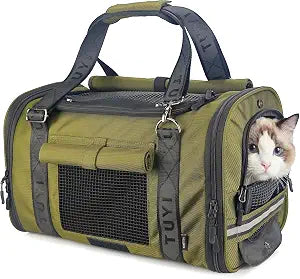 Soft Sided Cat Carrier for Anxious Cats with Privacy Flaps, Airline Approved & Car Seat Safe Pet Carrier for Small Dogs & Cats, 17 x 9.5 x 10.5 in, Reinforced Resin Mesh, Metal Buckles, Green