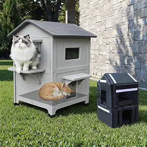 Rockever Plastic Outdoor Cat House with Insulated Liner, 100% Insulated Outdoor Cat Houses for Winter, Waterproof 2 Story Outside Cat Shelter, Clean and Assemble Easily-Grey