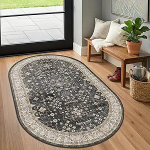 Washable Small Oval Rug 3x5 for Entryway, Black Boho Oval Area Rug for Kitchen, Bedroom Bedside, Mudroom, Modern Moody Low Pile Carpet for Bathroom, Laundry Room, Throw Rug Indoor Non-Slip
