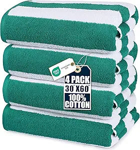 Utopia Towels Pack of 4 Cabana Beach Towels, Oversized 30 x 60 Inches Cotton Beach Towel Set, Smooth Ring Spun Texture for Pool and Swim Days, Modern Striped Design Bath Towels, Green