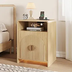 Nightstand with Charging Station and LED Lights, Night Stands with Adjustable Storage Cabinet, Modern Side Table with Fluted Doors and Open Storage, Bedside Table for Bedroom, Natural