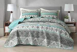 Chezmoi Collection Herald 3-Piece Printed Quilt Set, Aqua Blue Black White Boho Damask Coverlet - Pre-Washed Microfiber Lightweight Bedspread for All Seasons, Queen Size