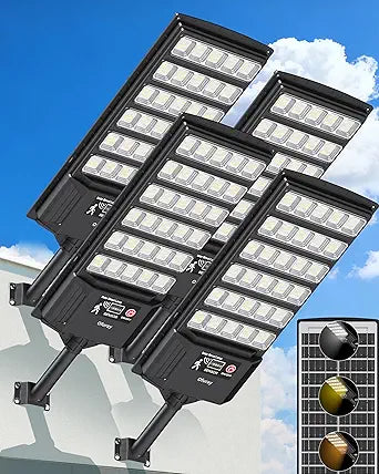 Ofuray Solar Lights Outdoor Waterproof, 3000K/4000K/6500K Dusk to Dawn Solar Security Light with Motion Sensor & Remote Control, IP66 Waterproof High Power LED Lighting for Wall,Yard,Outside Tri-4P