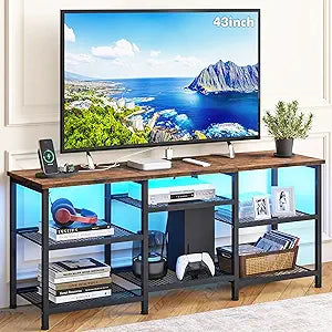 YGEOMER TV Stand for Living Room TVs Up to 55 Inches, Entertainment Center with Power Outlet and LED Lights Open Storage Shelves, TV Console for Bedroom, Rustic Brown