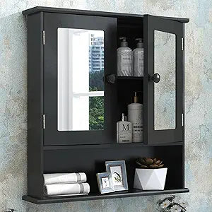TaoHFE Black Medicine Cabinet, 2 Doors 3 Open Shelf, Wall Mounted Wooden Storage Cabinet Over Toilet