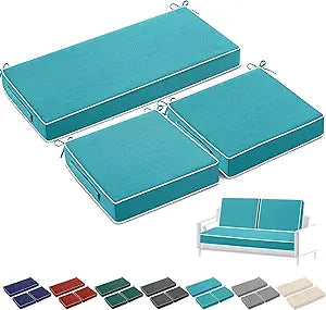 Chunful 3 Pcs Outdoor Chair Cushions Set 44 x 19 Inch Tufted Waterproof Patio Furniture Seat Pad with Ties Loveseat Cushion for Square Settee Indoor Sofa Wicker Couch Bench(Lake Blue)