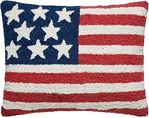 Pillow Shoppe American Flag Hand Hooked Wool Lumbar Pillow, 14x18 Inch Americana Throw Pillow for Couch, Sofa, Bed, Porch  Red White and Blue Stars and Stripes Patriotic Decorative Accent Pillow