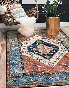 Lahome Boho 3x5 Washable Area Rugs, Small Non-Slip Bedroom Carpet Throw Low-Pile Rugs for Entryway Kitchen, Oriental Distressed Carpet for Bathroom Office Laundry Living Room Adelyn, Rust