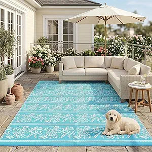 Garvee Outdoor Rugs 9x12 Waterproof Reversible Mat Boho Leaf Patio Rug with 4 Stakes and Starage Bag, Large Outdoor RV Mat Rugs for Camping, Picnic, Balcony, Deck, Backyard, Teal & White