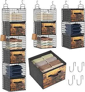 Closet Hanging Organizer with Drawers, 6 Tier Metal Closet Organizers and Storage with 4 Hanging Hooks 4 S-Hooks for Wardrobe Laundry Room, Wire Storage Shelf for Clothes Sweaters Pants (Black)