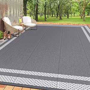 HappyTrends Outdoor Rug Reversible Portable Plastic Straw Camping Rugs for Outside RV,Large Waterproof Outdoor Area Rugs for Patio,Deck,Porch,Balcony(8'x 10',White&Gray)