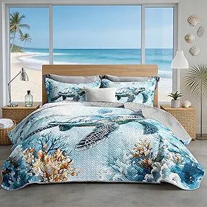 Coastal Bedding Quilt Sets Queen Size,Summer Blue Sea Turtles Jellyfish Nautical Bedding Quilt with 2 Pillowcases,Beach Themed Soft Lightweight Quilted Set.