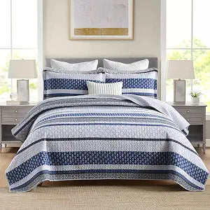 Homzard 100% Cotton Quilt Set,California King 118'' x 106'' Oversized Bedspread Set with 2 Pillow Shams, Blue Gray Lightweight Comforter Set Striped Floral Bedding Sets, 3 Piece King Bed Set | Breathable Bedding