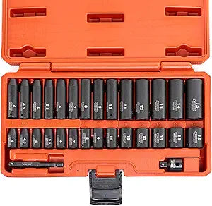 NEIKO 02481A 1/4" Drive Impact Socket Set, 30 Piece, Metric Sizes 4  15 MM, Deep and Shallow Sockets, Chrome Vanadium Steel, 3/8 to 1/4 Reducer, Hex Shank Socket Impact Adapter, Socket Wrench Set