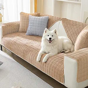 Couch Cover for Dogs, Velvet Fuzzy Sofa Slipcovers for 3 Cushion Couch, Non-Slip Furniture Protector for Pet, L Shaped Sectional Sofa Covers Washable, Khaki, 36"X94"(Only 1 Pcs)