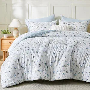 Full Size Blue Floral Comforter Set for Girls 3 Pieces Shabby Chic Floral Bedding Set Vintage Garden Style Flowers Full Comforter Bed in A Bag Lightweight Bedding Set for Kids Teen Girls Women