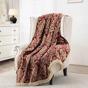 Loom and Mill Damask Floral Throw Blankets for Bed, Chenille Jacquard Throws with Fringes Trim, Soft Lightweight Velvet Lined Throw Blanket for Sofa Couch Chair All Seasons(Burgundy Red,52x72)