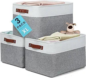 OrganiHaus 16x12.5in Canvas Storage Baskets 3 Pack | EXTRA LARGE Fabric Bins for Shelves | Linen Closet Organizer | Gray/Off-White