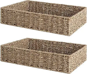StorageWorks Large Seagrass Tray for Bathroom, Seagrass Storage Baskets for Shelves, Handwoven Natural Wicker Baskets for Organizing, 2-Pack