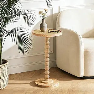 COVLON Solid Wood Drink Table, Small Pedestal Side Table for Small Spaces, Rattan Accent End Table Nightstand with Bread Leg for Living Room, Bedroom, Corners, and Office, Wood