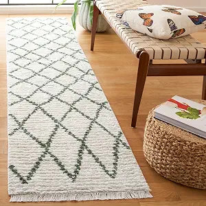 SAFAVIEH Augustine Collection Runner Rug - 2' x 9', Ivory & Green, Moroccan Boho Trellis Fringe Cotton Design, Ideal for the Living Room, Bedroom, Dining Room (AGT850Y-29)