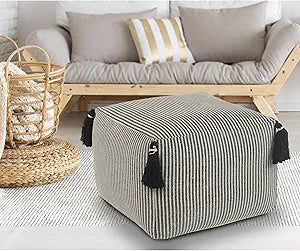 LR Home Handmade Contemporary Striped Gray/Ivory Cotton Pouf Ottoman for Home Decor | Farmhouse Foot Rest for Bedroom & Living Room Decor | 18 x 18 x 14 Stuffed Ottoman for Seating