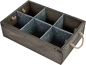 MyGift Rustic Solid Wood and Galvanized Multipurpose Organizer Caddy with 6 Metal Partition Divided Slots and Rope Handles, Vintage Style Wine Bottle Crate Storage Gift Box