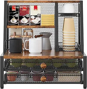 TQVAI Coffee Bar Organizer, Maximize Small Countertop Space, 70 Standard Capsules Capacity with Sliding Pods Drawer, 4-Tier Coffee Station Organizer for Home Kitchen Office Commercial