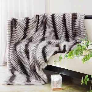 inchgrass Faux Fur Blanket Luxury Fur Throw Blanket Super Warm Elegant Cozy Fuzzy Throw Blankets for Couch,Armchair and Bed Washable Blankets 74"x60" Linear Stripe Throw Blankets