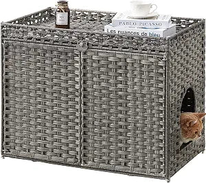 SETVSON Cat Litter Box Enclosure Furniture, Handwoven Rattan Hidden Litter Box with Mat, Large Space Cat House with 2 S-Shaped Hooks 30.3 x 18.3 x 24.4 Inches, Indoor for Living Room Apartment Gray