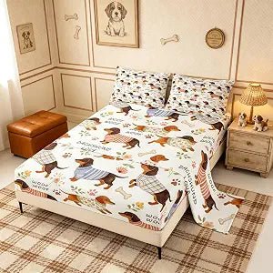 Castle Fairy Dachshund Dog Kids Sheet Full Size,Lovely Puppy Dog Pet Animal Bedding Set, Pet Animal Flowers Kids Room Decor,Brown White Sheet(Fitted+Flat+2 Pillowcases)